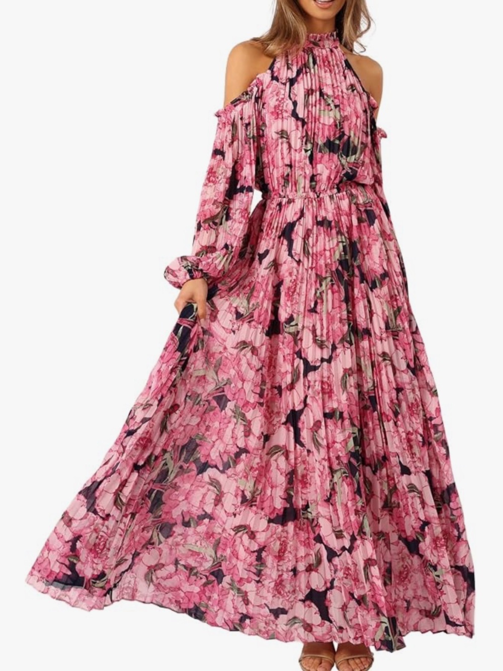 Petal & Pup Hilary Floral Cold-Shoulder Pleated Maxi Dress NWT!